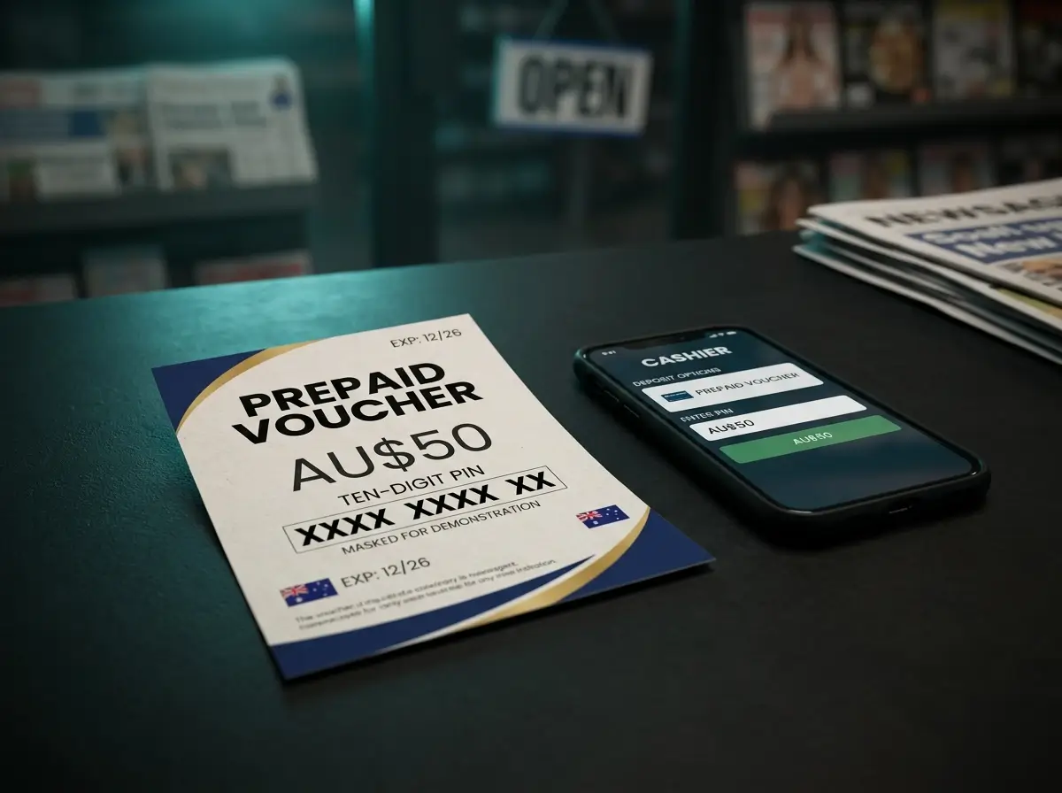 Neosurf prepaid voucher with ten-digit PIN next to a smartphone showing an Australian sportsbook cashier page