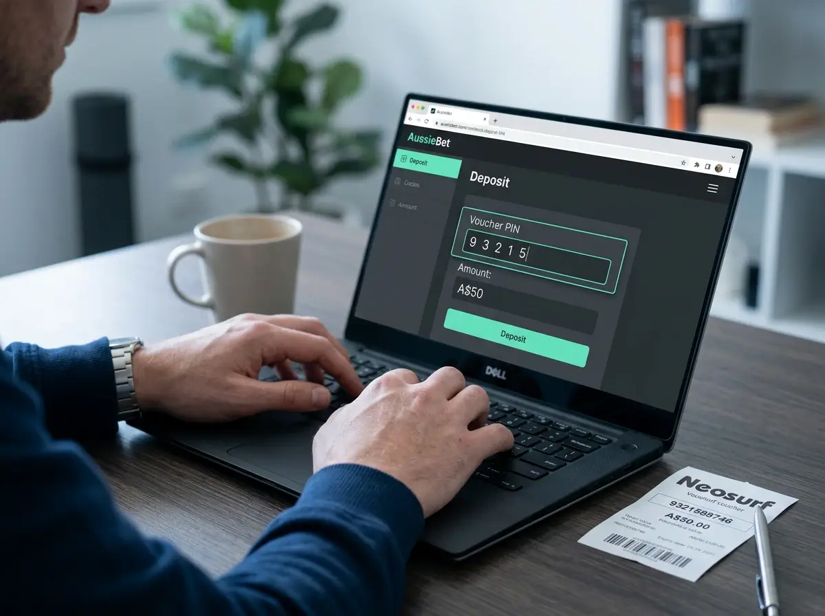 Australian punter typing a Neosurf PIN into a sportsbook cashier screen on a laptop