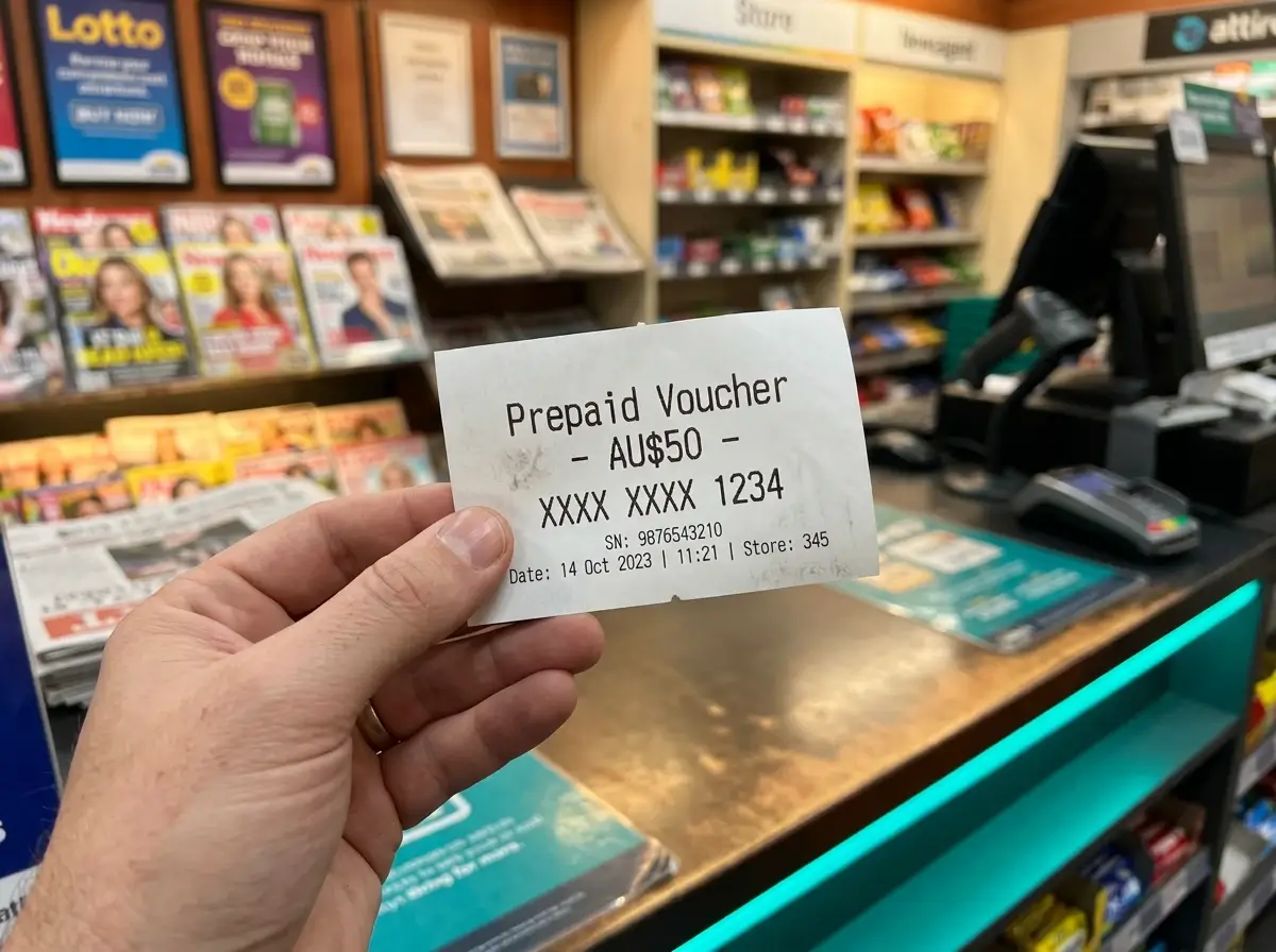 Close-up of a Neosurf prepaid voucher receipt revealing the ten-digit PIN at an Australian newsagent counter
