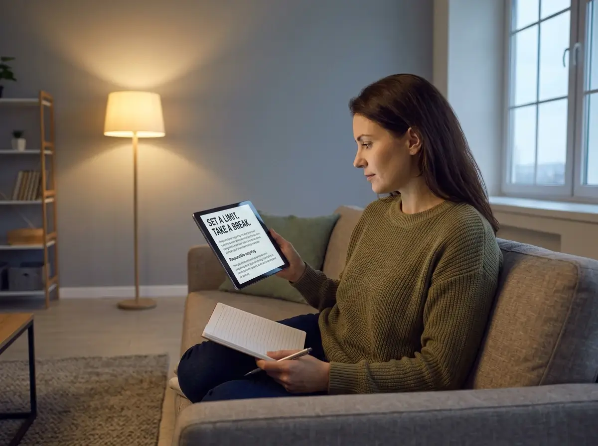 Australian adult reviewing a responsible wagering notice with BetStop self-exclusion information on a tablet
